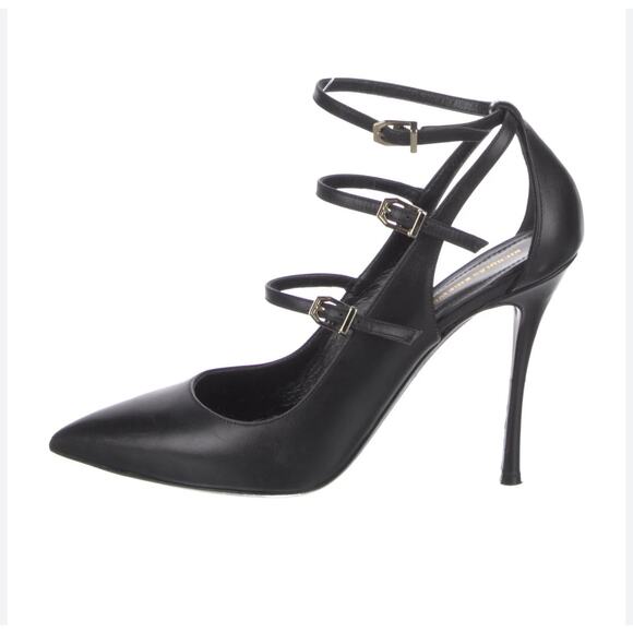 Nicholas Kirkwood Black leather pointy toe ankle strap 100mm pump heel 40.5 10.5